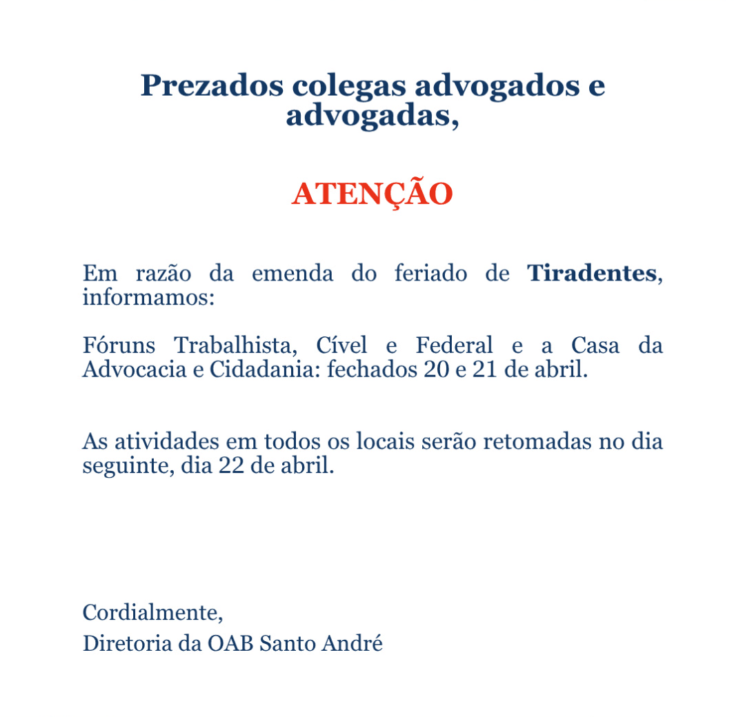 COMUNICADO 📢 – Emenda do Feriado de Tiradentes