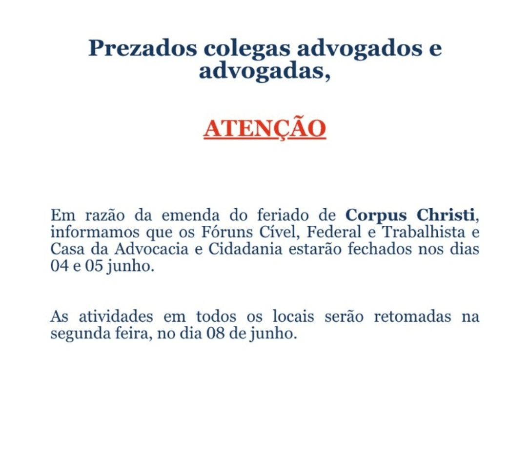 COMUNICADO 📢 – Emenda do Feriado de Corpus Christi