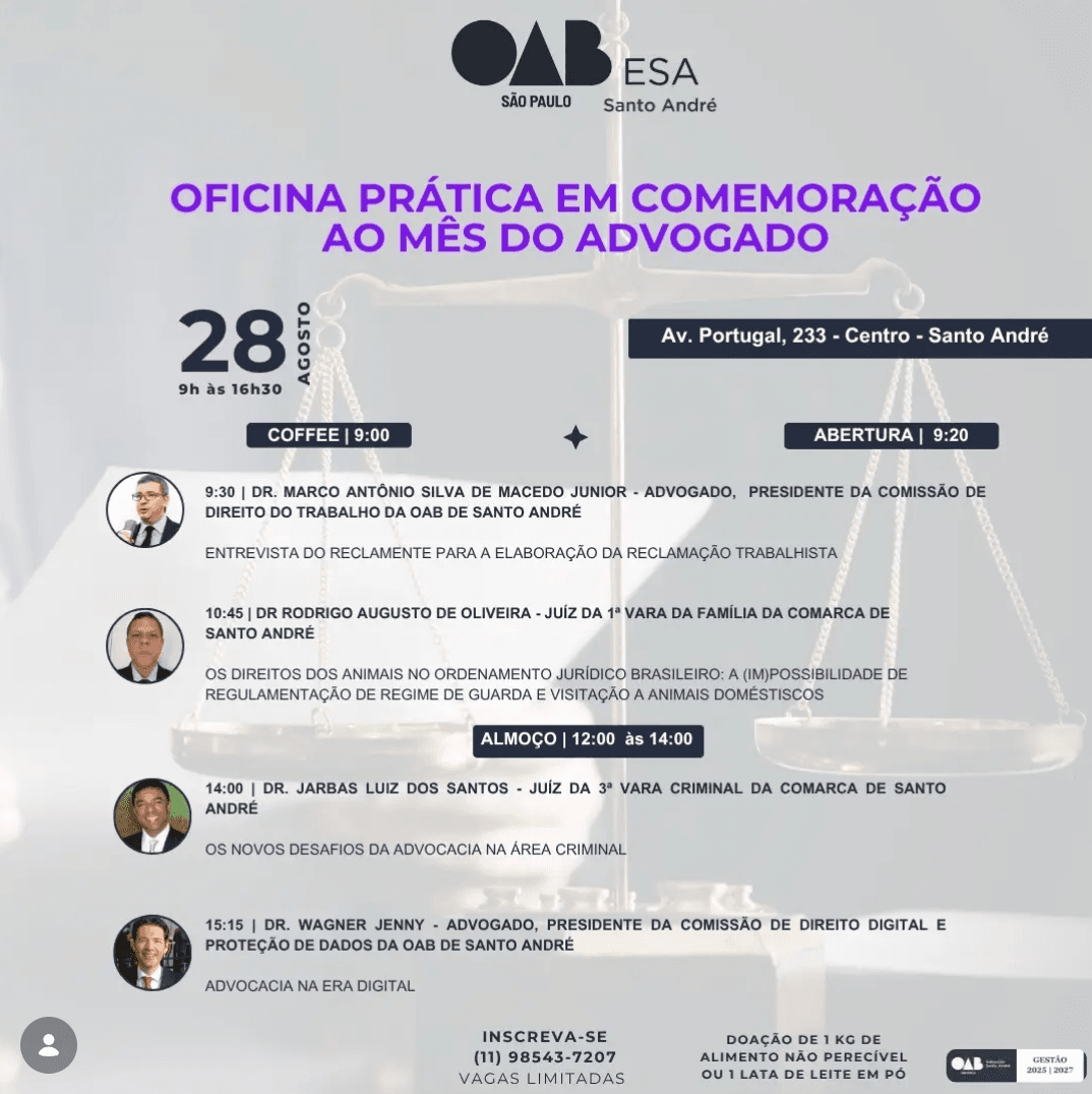📙 ESA SA: Oficina prática em comemoração ao MÊS DO ADVOGADO
