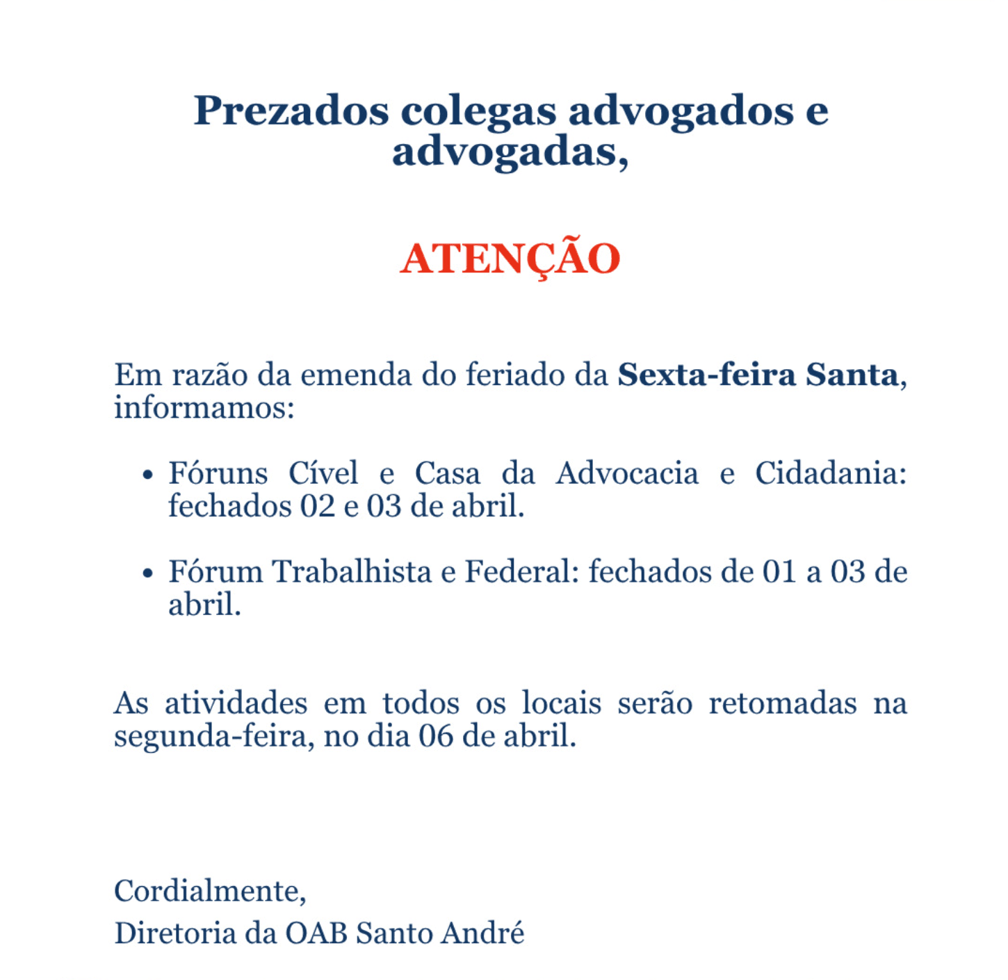 Comunicado: Expediente Sexta-feira Santa