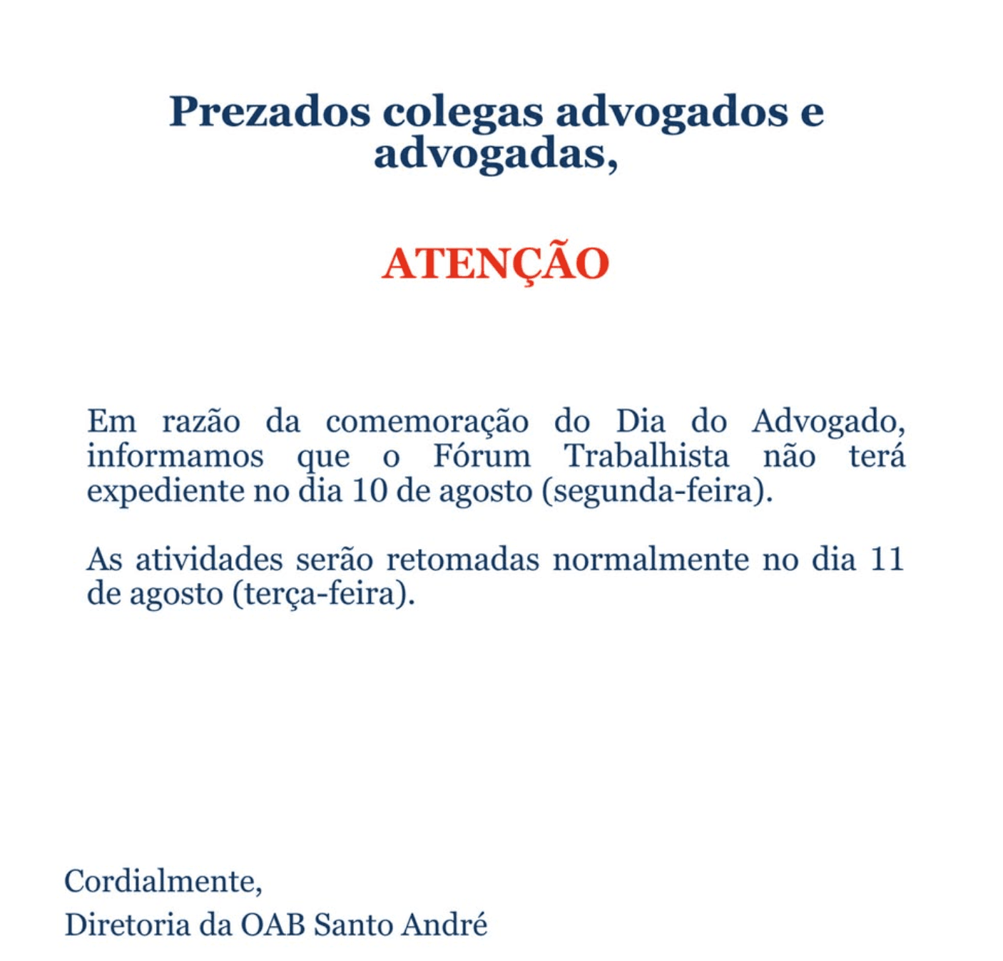 Comunicado: Expediente Dia do Advogado