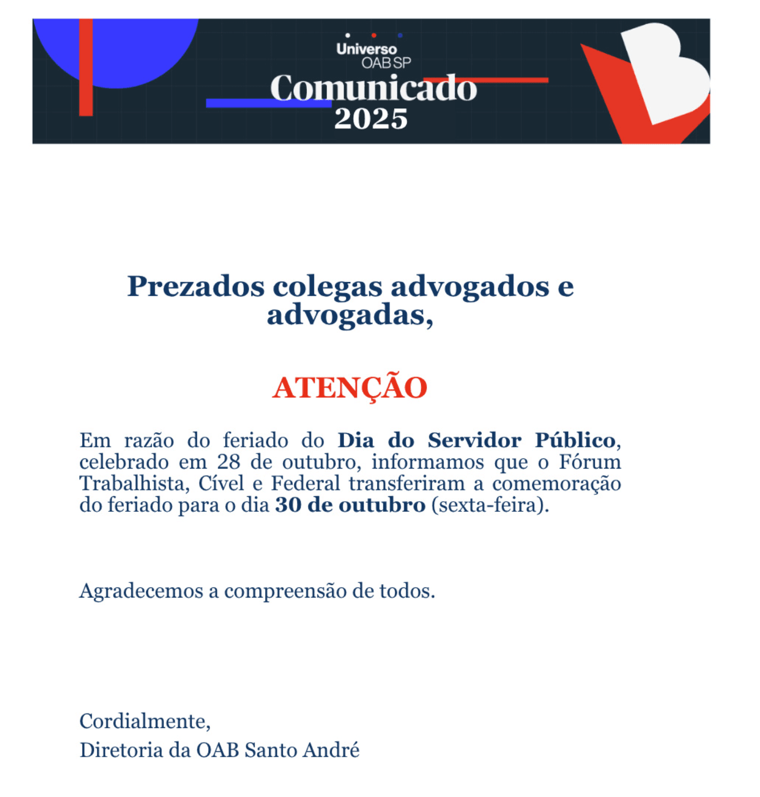 Comunicado: Dia do Servidor Público